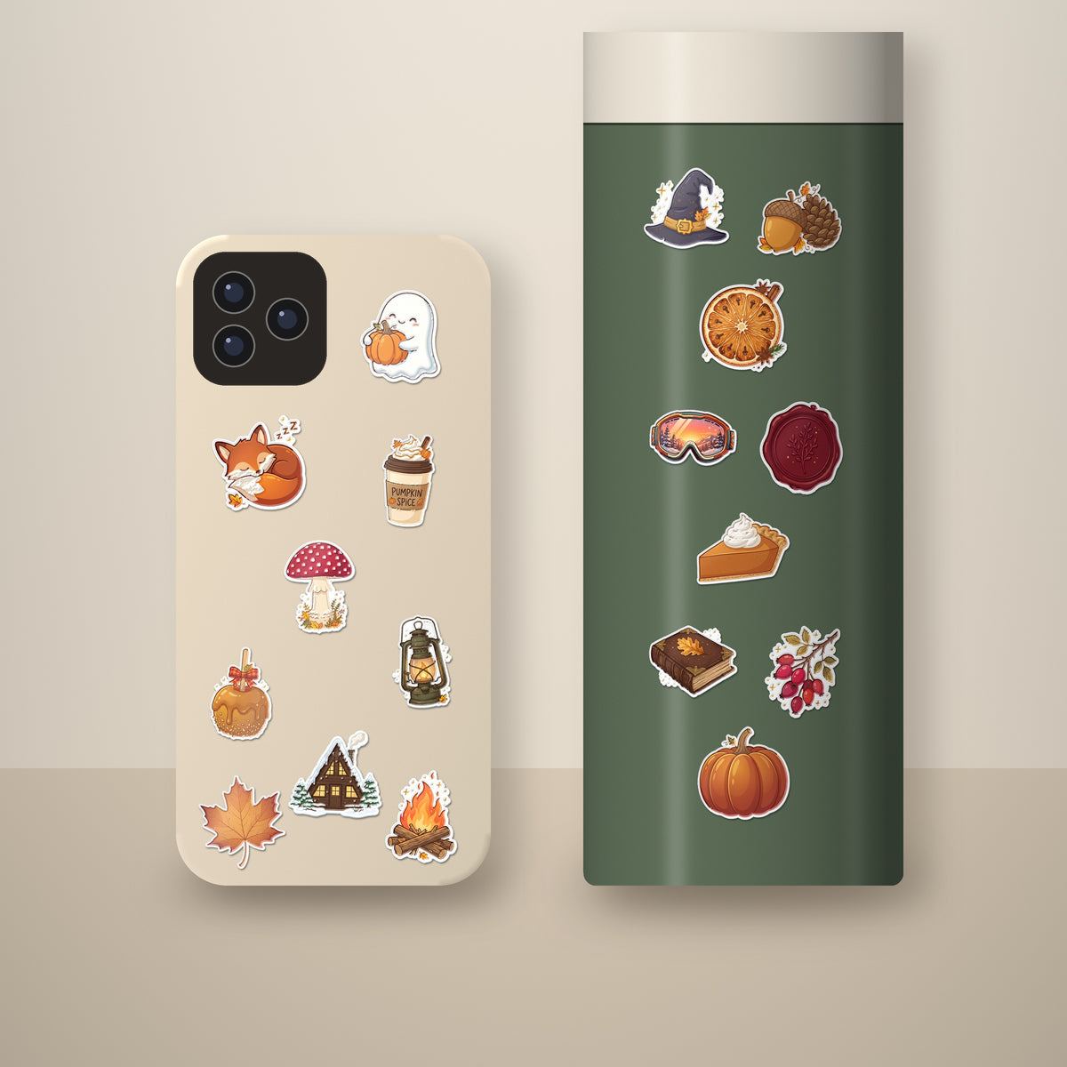 Phone case and tumbler decorated with cozy autumn fall stickers