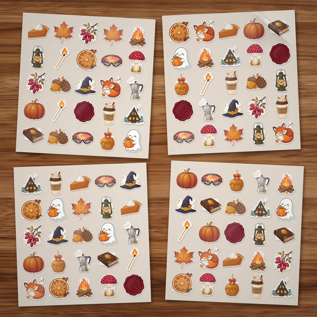 Cozy Autumn Sticker Sheets: 4 sheets of cute fall raised UV stickers with pumpkins, sleepy foxes, campfires and pumpkin spice lattes