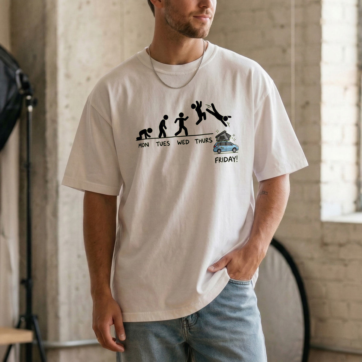Mon to Friday white t-shirt on a model – funny stick figure work week design diving into a rooftop tent on Friday, Comfort Colors 1717