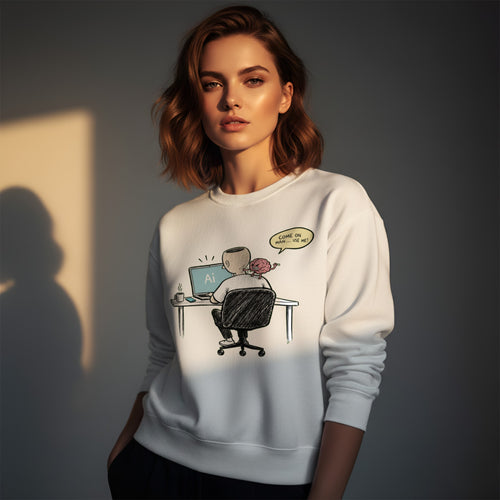 Come On Man Use Me white crewneck sweatshirt – funny AI brain design with a brain yelling at a man using AI, Gildan 18000