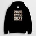 Let's Pretend I Have a Plan black hoodie – sleepy gray cat tangled in red yarn over 2025, 2026 and 2027, Gildan 18500