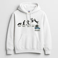 Mon to Friday white hoodie – funny stick figure work week design diving into a rooftop tent on Friday, Gildan 18500
