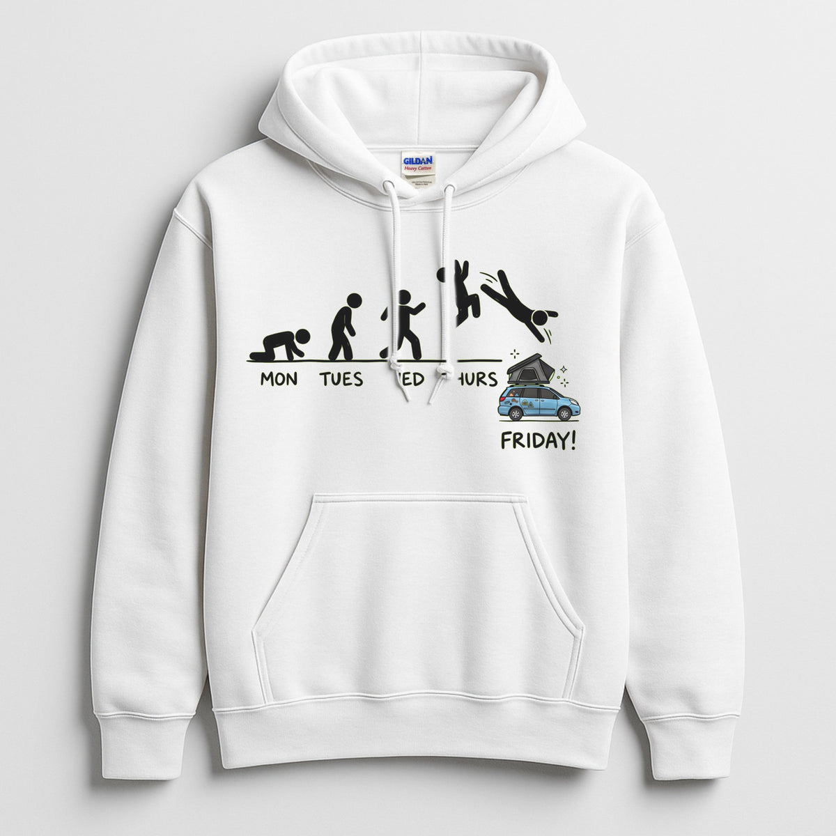 Mon to Friday white hoodie – funny stick figure work week design diving into a rooftop tent on Friday, Gildan 18500