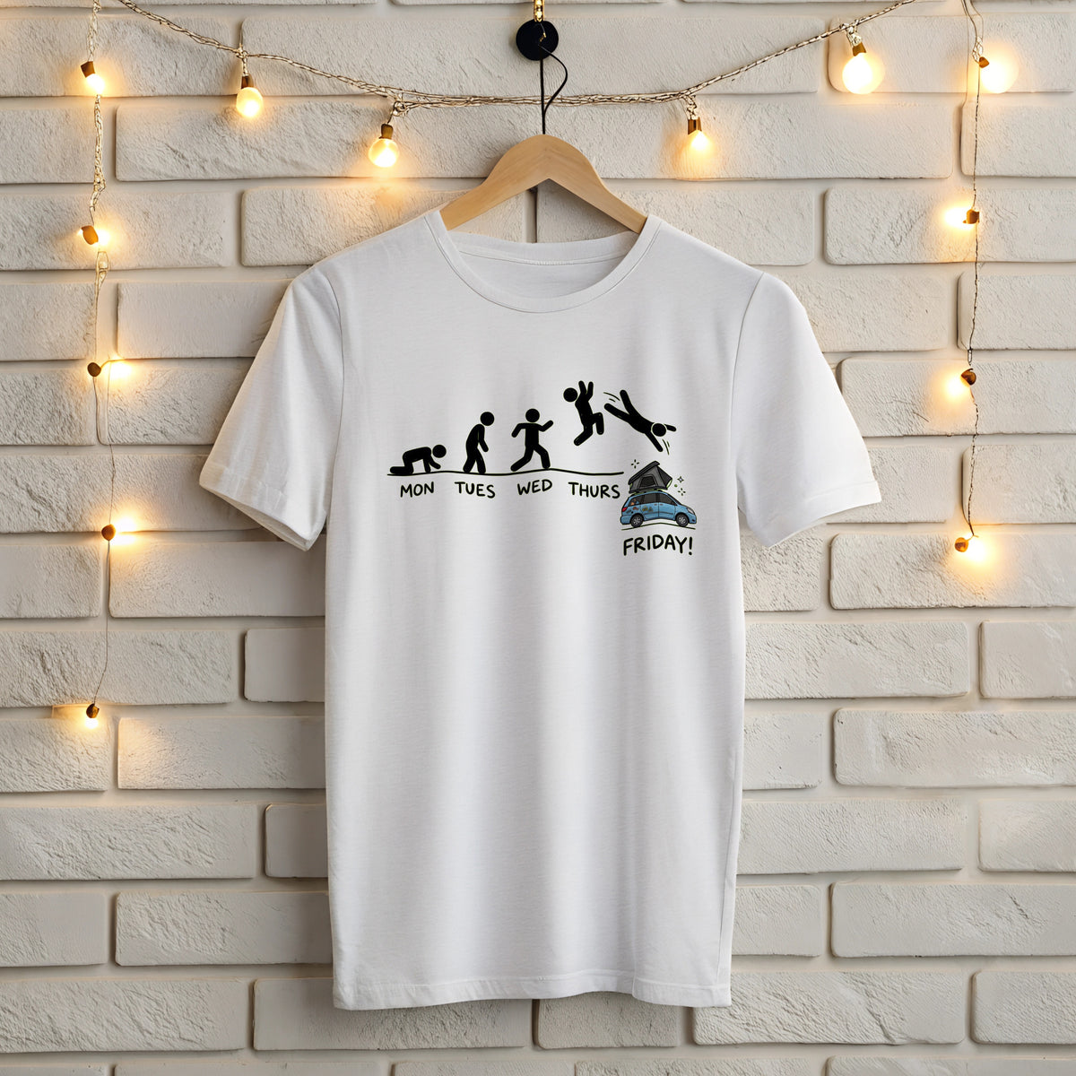 Mon to Friday white t-shirt – funny stick figure work week design diving into a rooftop tent on Friday, Gildan 5000