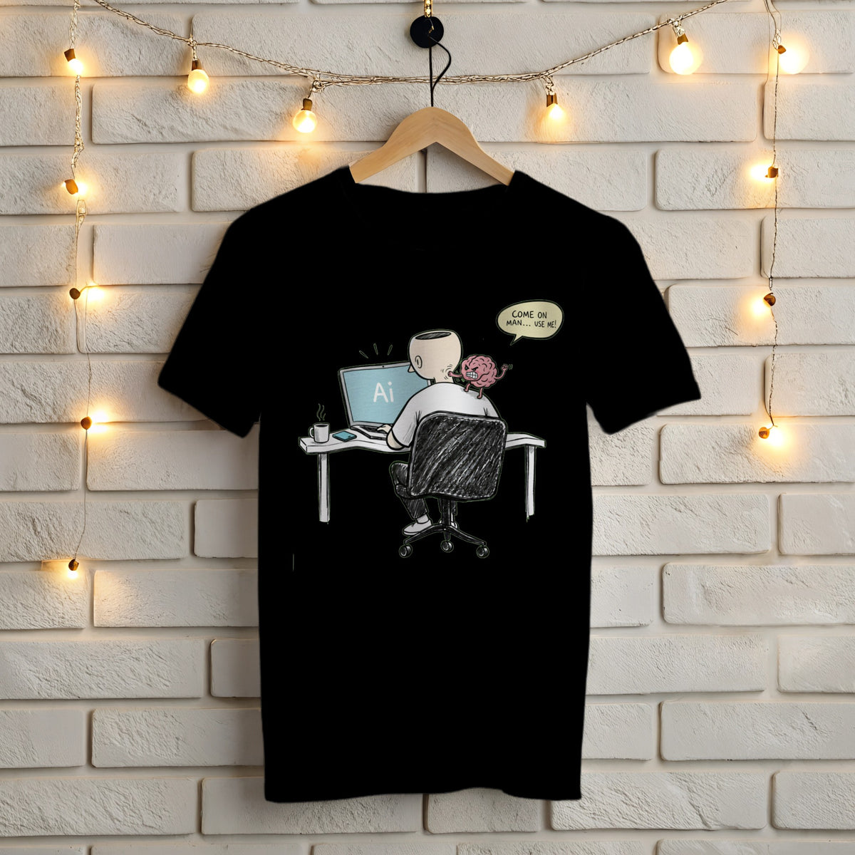 Come On Man Use Me black t-shirt – funny AI brain design with a brain yelling at a man using AI on his laptop, Gildan 5000