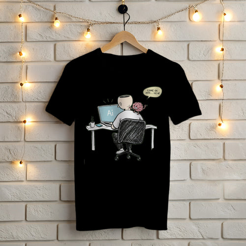 Come On Man Use Me black t-shirt – funny AI brain design with a brain yelling at a man using AI on his laptop, Gildan 5000