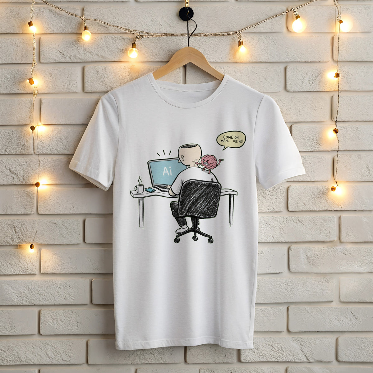Come On Man Use Me white t-shirt – funny AI brain design with a brain yelling at a man using AI on his laptop, Gildan 5000