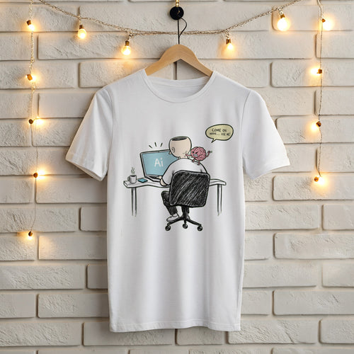 Come On Man Use Me white t-shirt – funny AI brain design with a brain yelling at a man using AI on his laptop, Gildan 5000