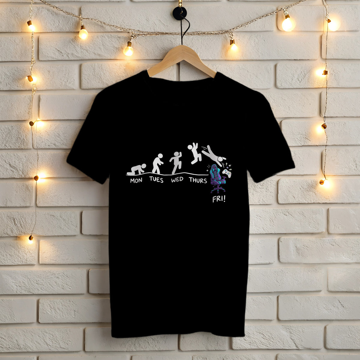 Mon to Fri Gamer black t-shirt – funny stick figure work week design diving into a gaming chair with a controller on Friday, Gildan 5000