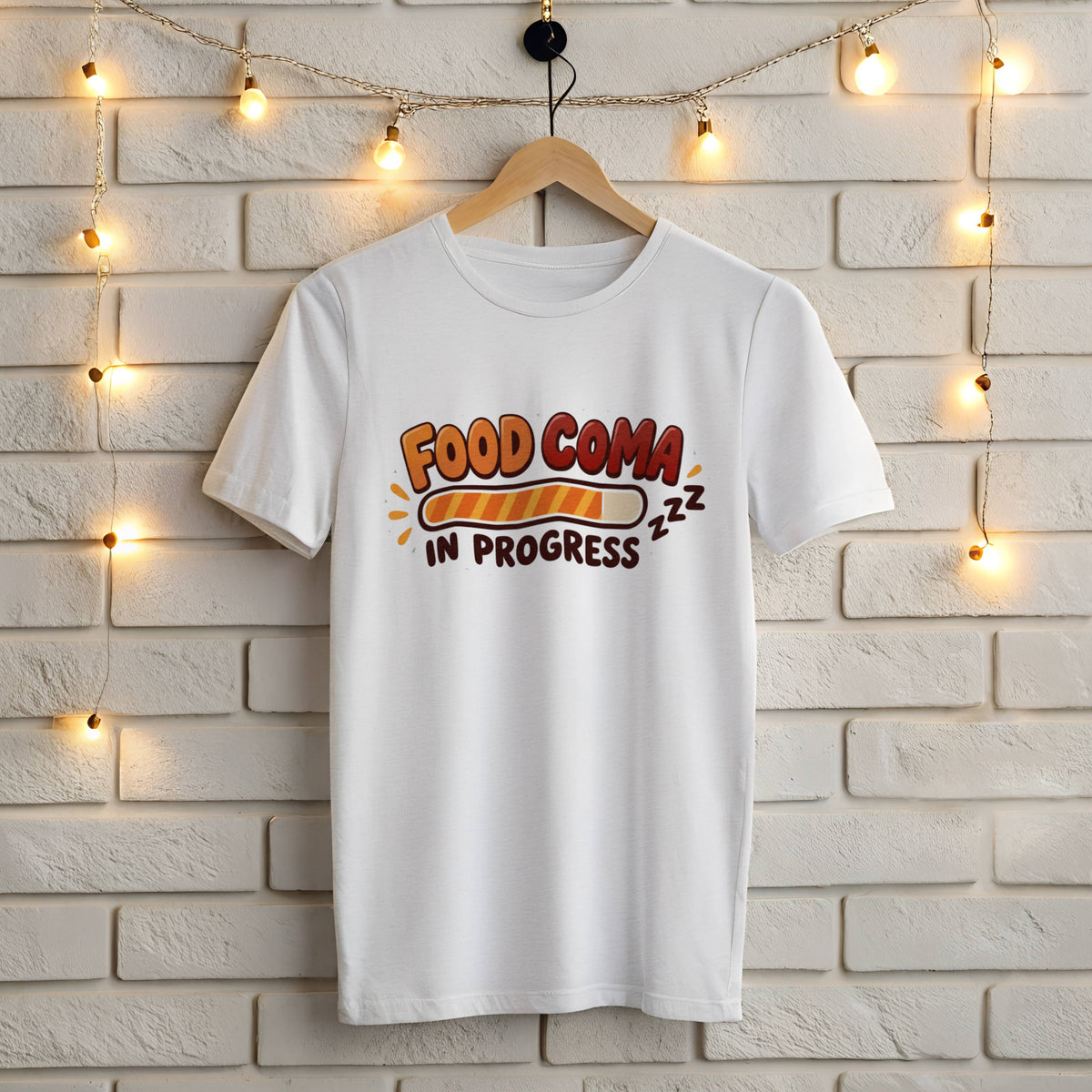 White Gildan 5000 t-shirt with funny Thanksgiving Food Coma In Progress loading bar design