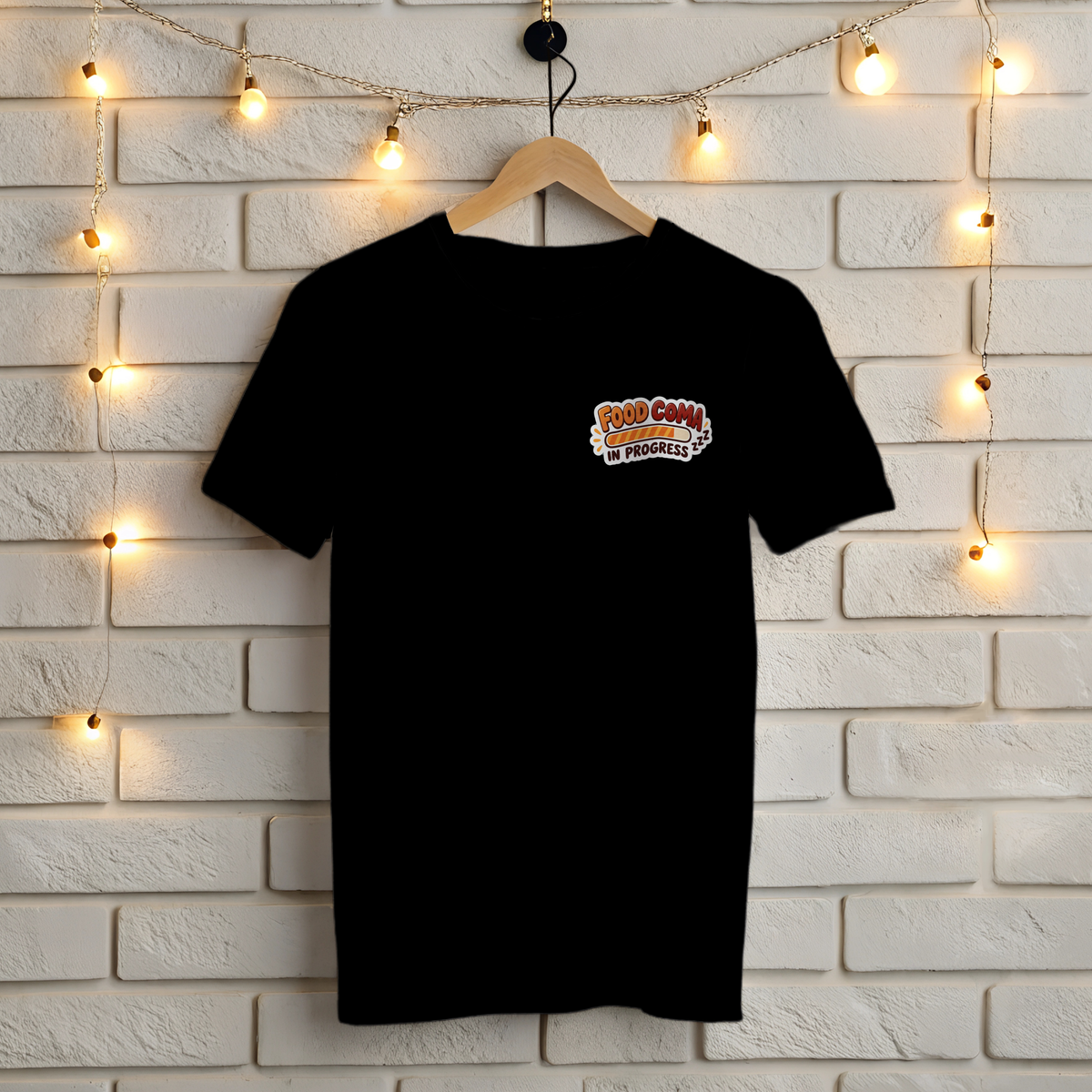 Black Gildan 5000 t-shirt with small left chest Food Coma In Progress Thanksgiving loading bar print