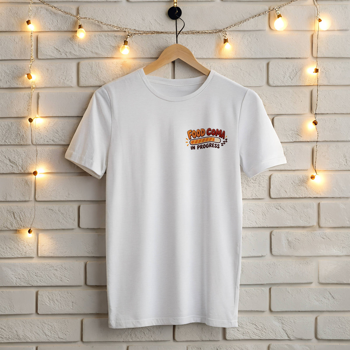 White Gildan 5000 t-shirt with small left chest Food Coma In Progress Thanksgiving loading bar print
