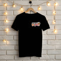 Black Gildan 5000 t-shirt with small left chest Here for the Pie & Drama Thanksgiving print