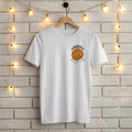 White Gildan 5000 t-shirt with small left chest Pie Chart of Thanksgiving pumpkin pie print