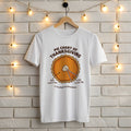 White Gildan 5000 t-shirt with funny Pie Chart of Thanksgiving pumpkin pie design, 90% food coma and 10% family talk