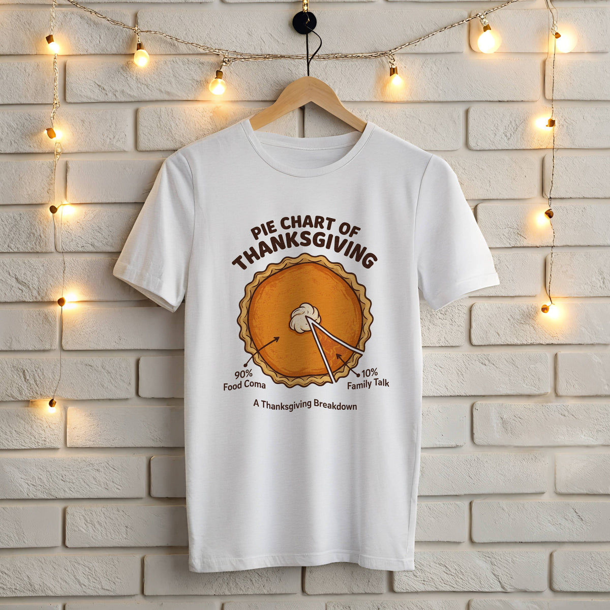 White Gildan 5000 t-shirt with funny Pie Chart of Thanksgiving pumpkin pie design, 90% food coma and 10% family talk