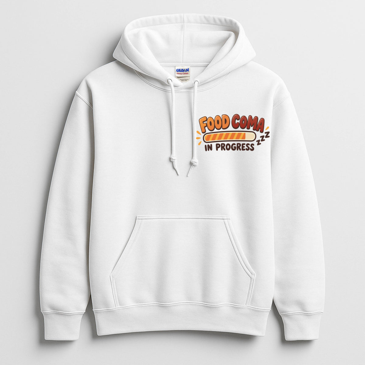 White Gildan 18500 hoodie with left chest Food Coma In Progress Thanksgiving loading bar print