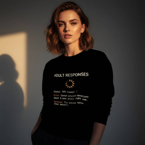 Woman wearing a black Gildan 18000 crewneck sweatshirt with funny Thanksgiving Adult Responses loading screen design, try asking again after dessert