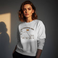 Woman wearing a white Gildan 18000 crewneck sweatshirt with funny Post-Thanksgiving Crash energy level graph and pumpkin pie design