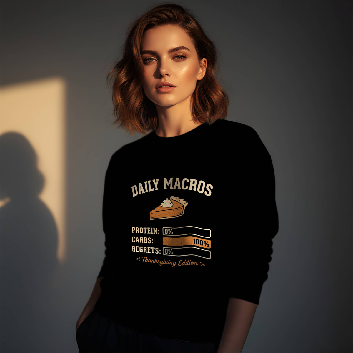 Woman wearing a black Gildan 18000 crewneck sweatshirt with funny Daily Macros Thanksgiving Edition design: protein 0%, carbs 100%, regrets 0%