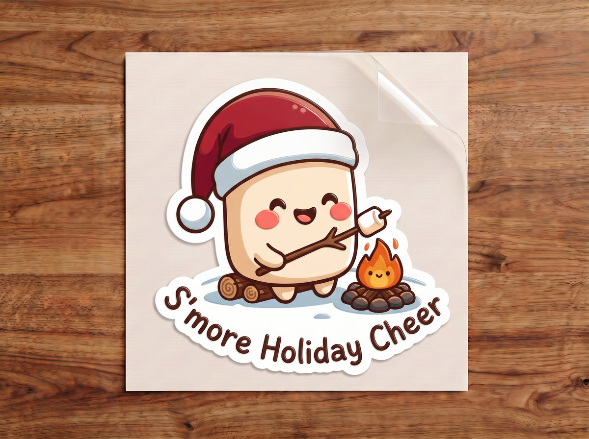 S'more Holiday Cheer sticker – cute marshmallow in a Santa hat roasting a marshmallow over a campfire