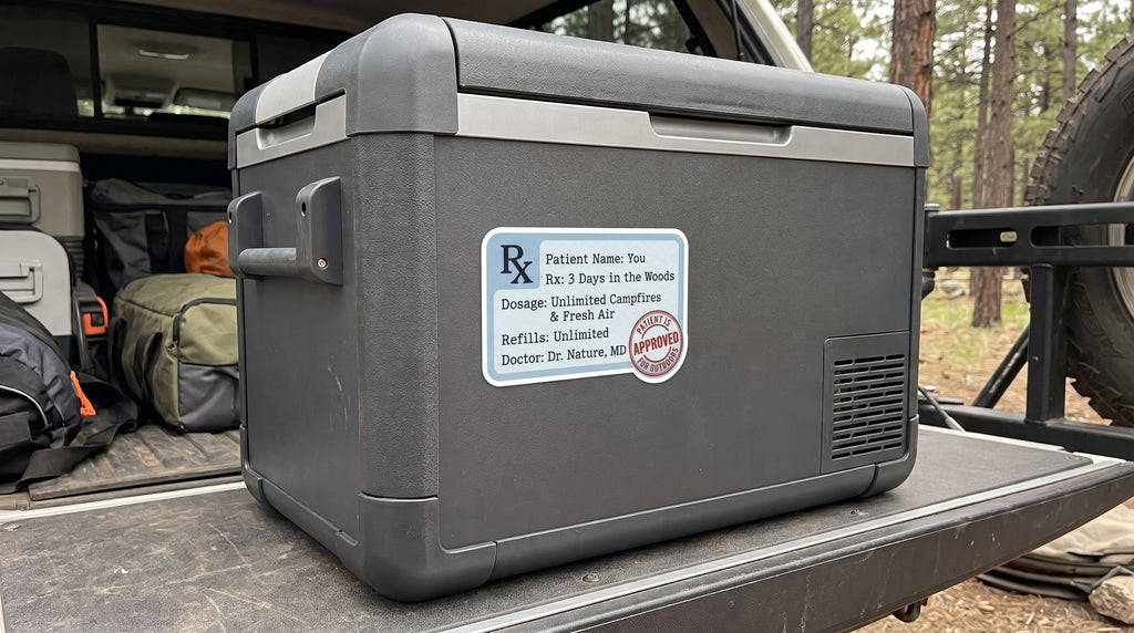 Rx: 3 Days in the Woods waterproof sticker on a camping cooler in the back of an SUV