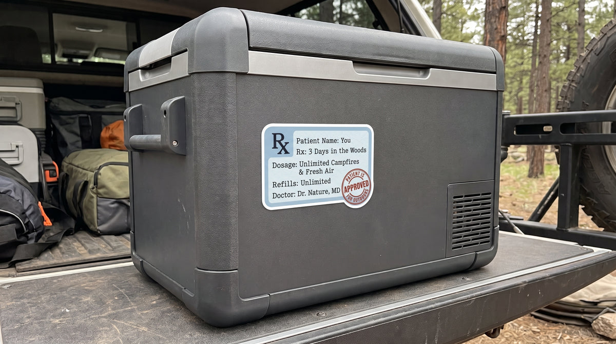 Rx: 3 Days in the Woods waterproof sticker on a camping cooler in the back of an SUV