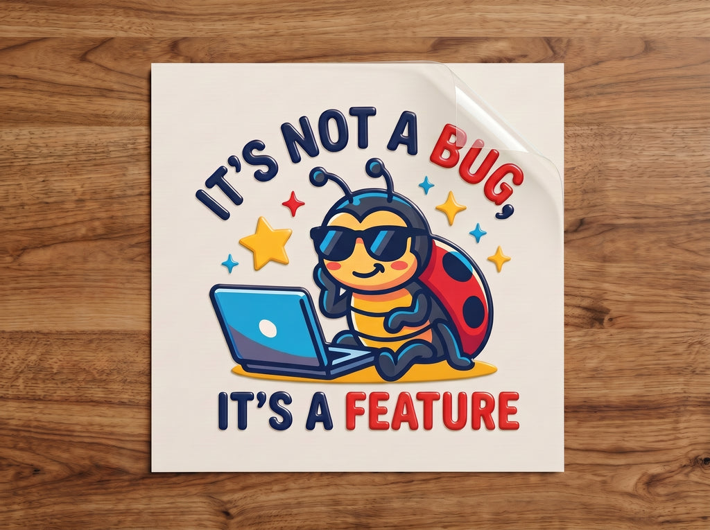 It's Not a Bug, It's a Feature sticker – cool ladybug in sunglasses coding on a laptop, funny programmer decal