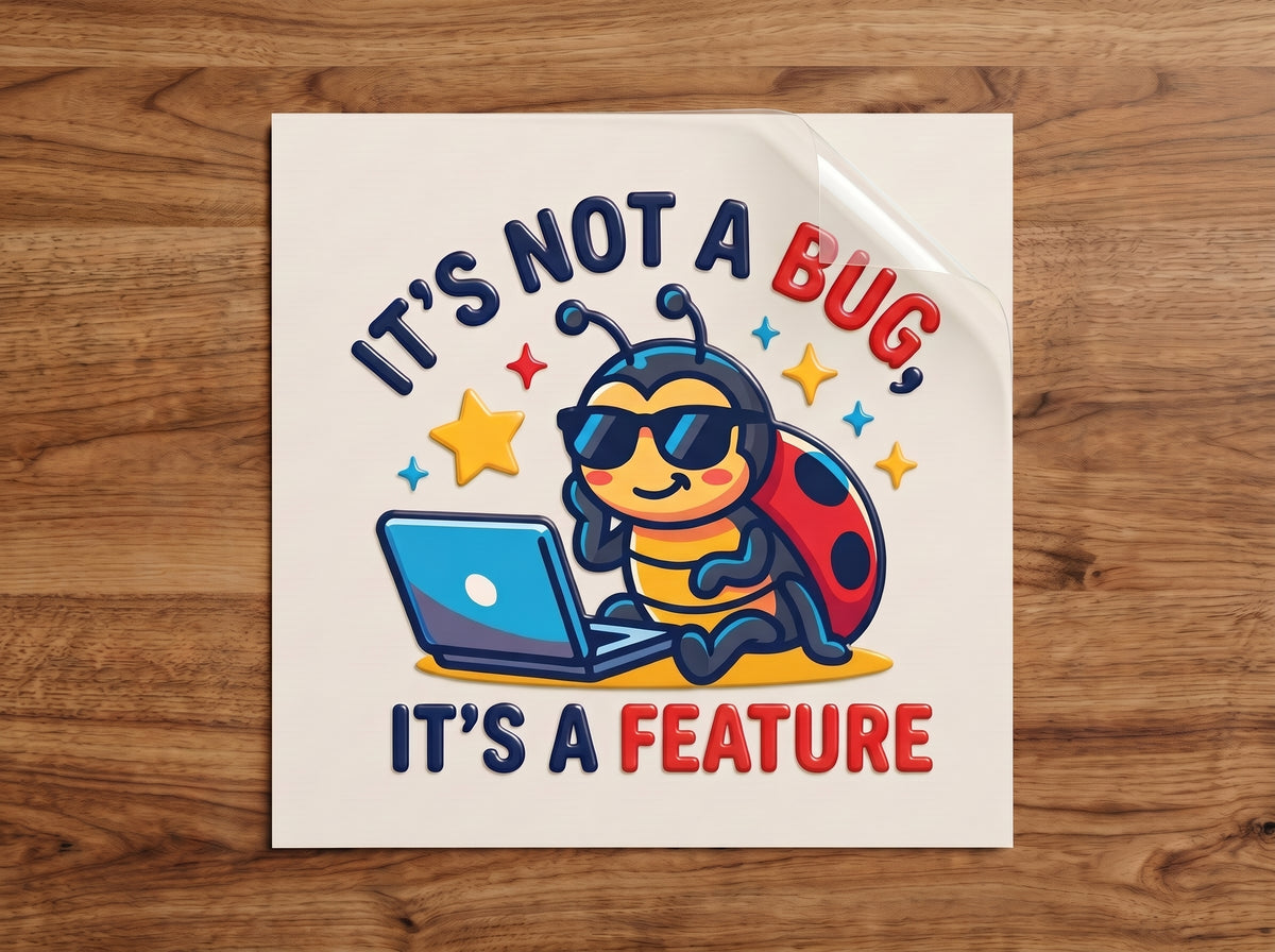 It's Not a Bug, It's a Feature sticker – cool ladybug in sunglasses coding on a laptop, funny programmer decal