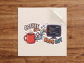Coffee In, Code Out sticker – red coffee mug piping caffeine into a computer monitor full of code, funny programmer decal