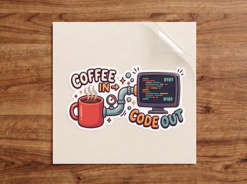 Coffee In, Code Out sticker – red coffee mug piping caffeine into a computer monitor full of code, funny programmer decal