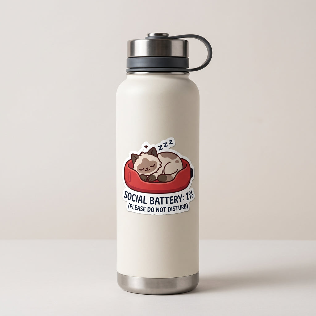 Social Battery 1% waterproof sticker on a cream stainless steel water bottle
