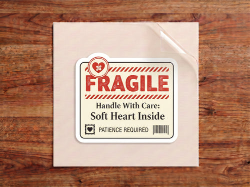 Fragile Handle With Care Soft Heart Inside sticker – vintage shipping label with a bandaged heart and Patience Required stamp