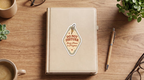 Do Not Disturb Inner Peace in Progress sticker – retro diamond motel key tag with a golden key and stars