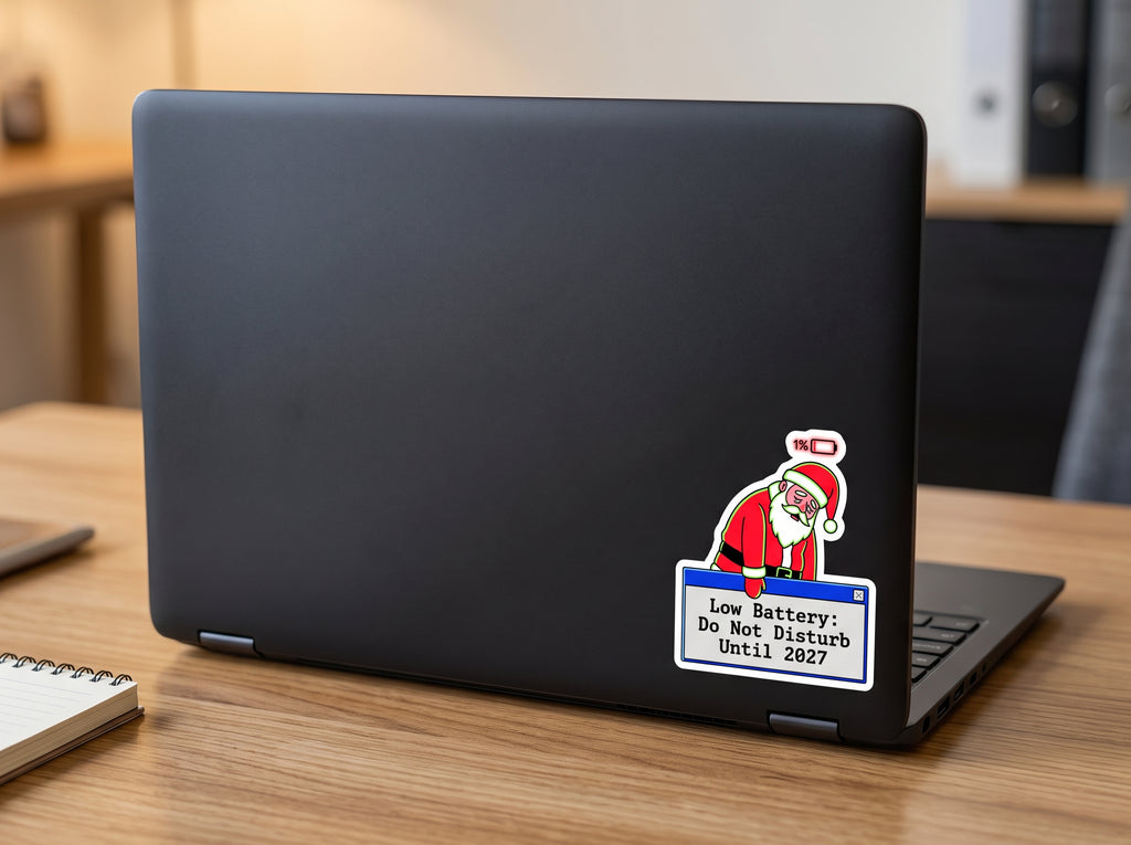 Low Battery Santa sticker from the Holiday Survival bundle on the back of a black laptop