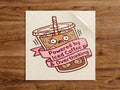 Powered by Iced Coffee & Overthinking sticker – cute anxious iced coffee cup with a pink banner