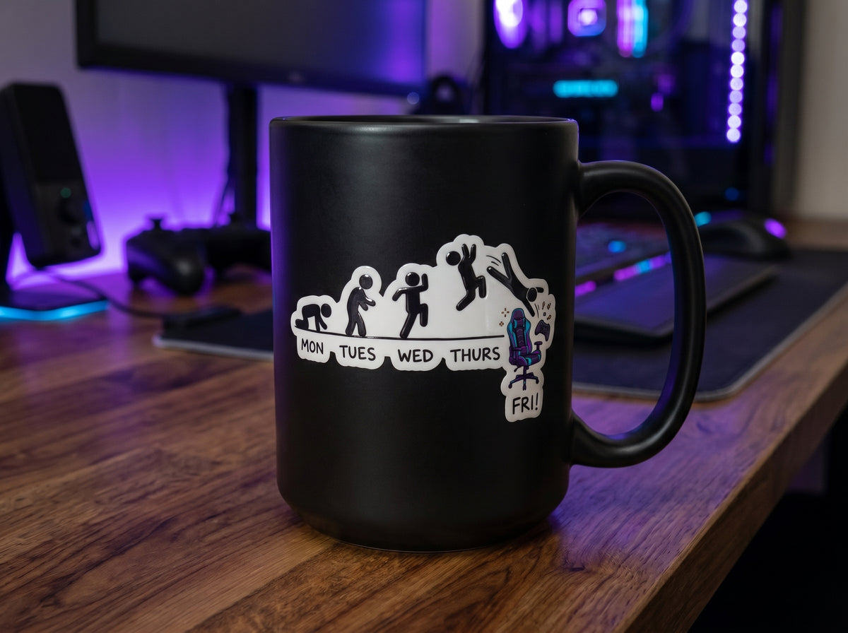 Mon to Fri Gamer sticker from the Running on Empty bundle on a black mug in front of a purple-lit gaming setup