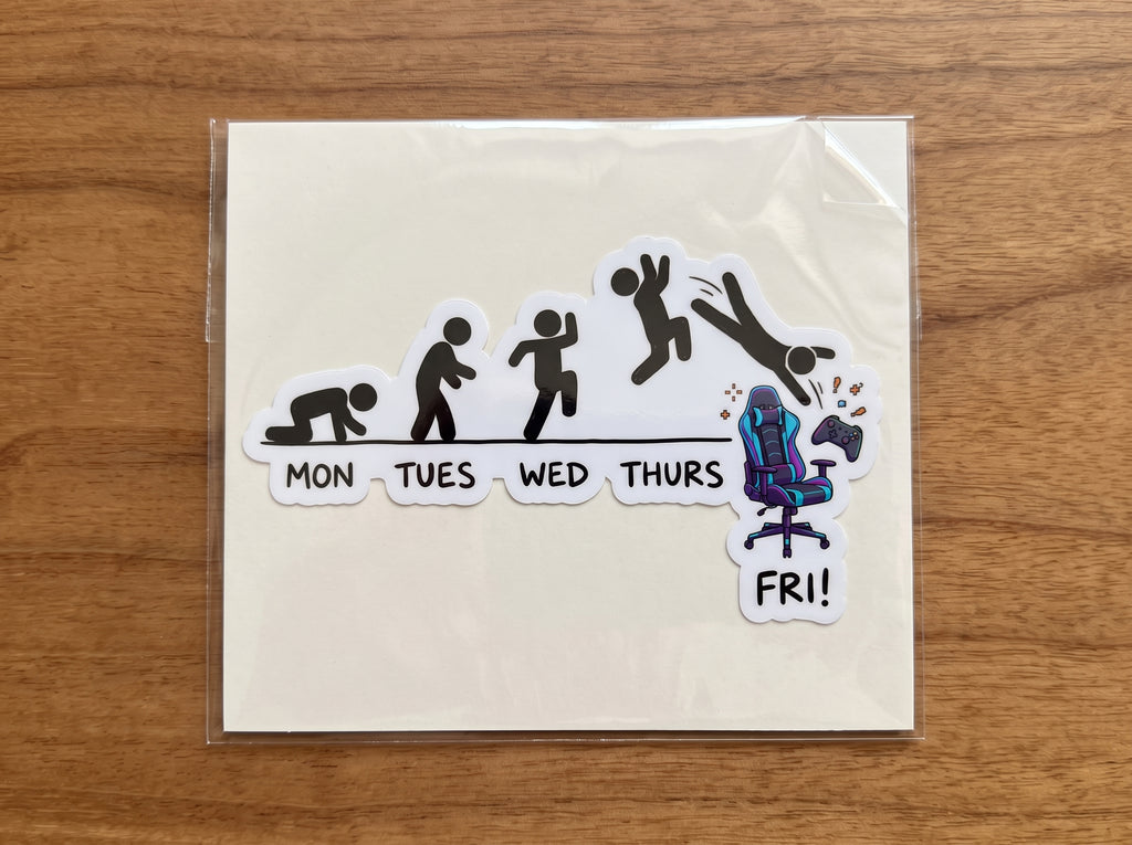 Mon to Fri Gamer sticker – funny stick figures crawling on Monday to diving into a gaming chair with a controller on Friday