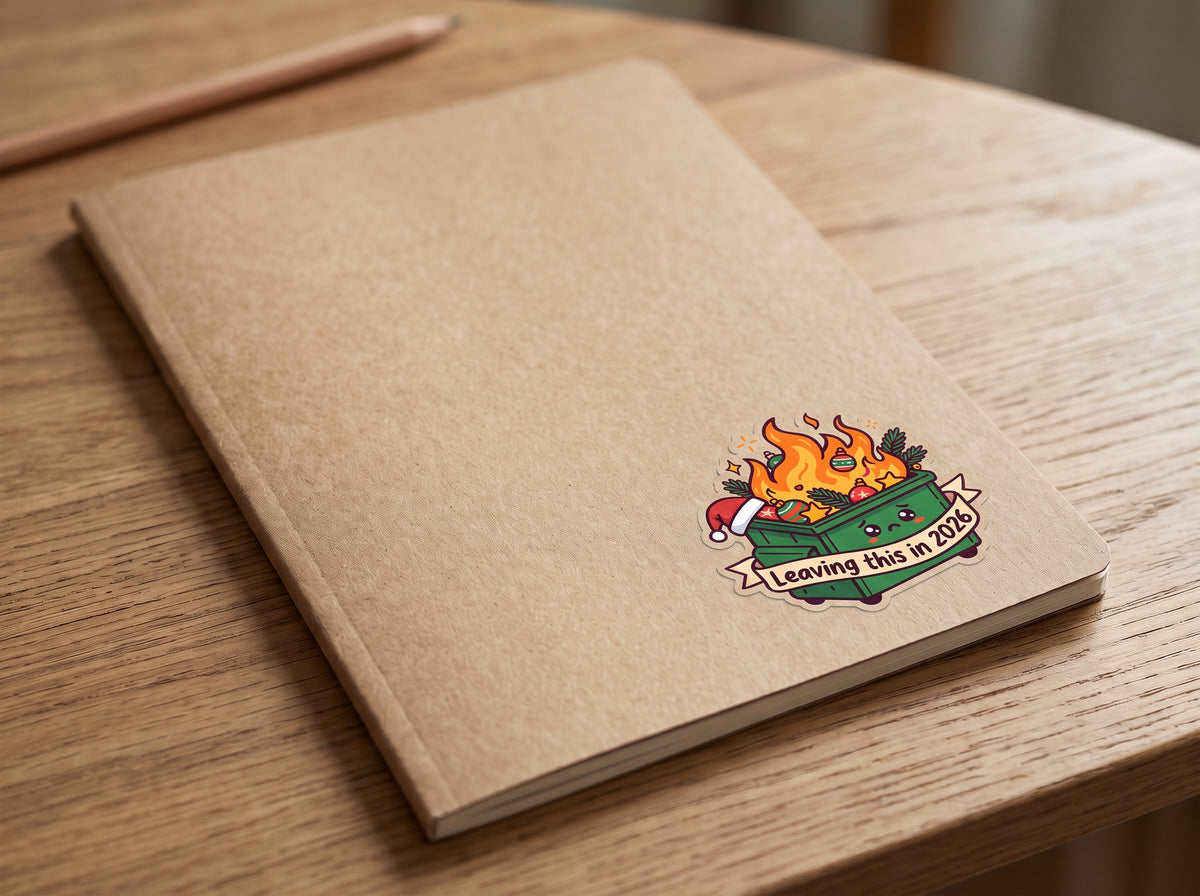 Leaving This in 2026 waterproof sticker on a kraft paper notebook on a wooden table