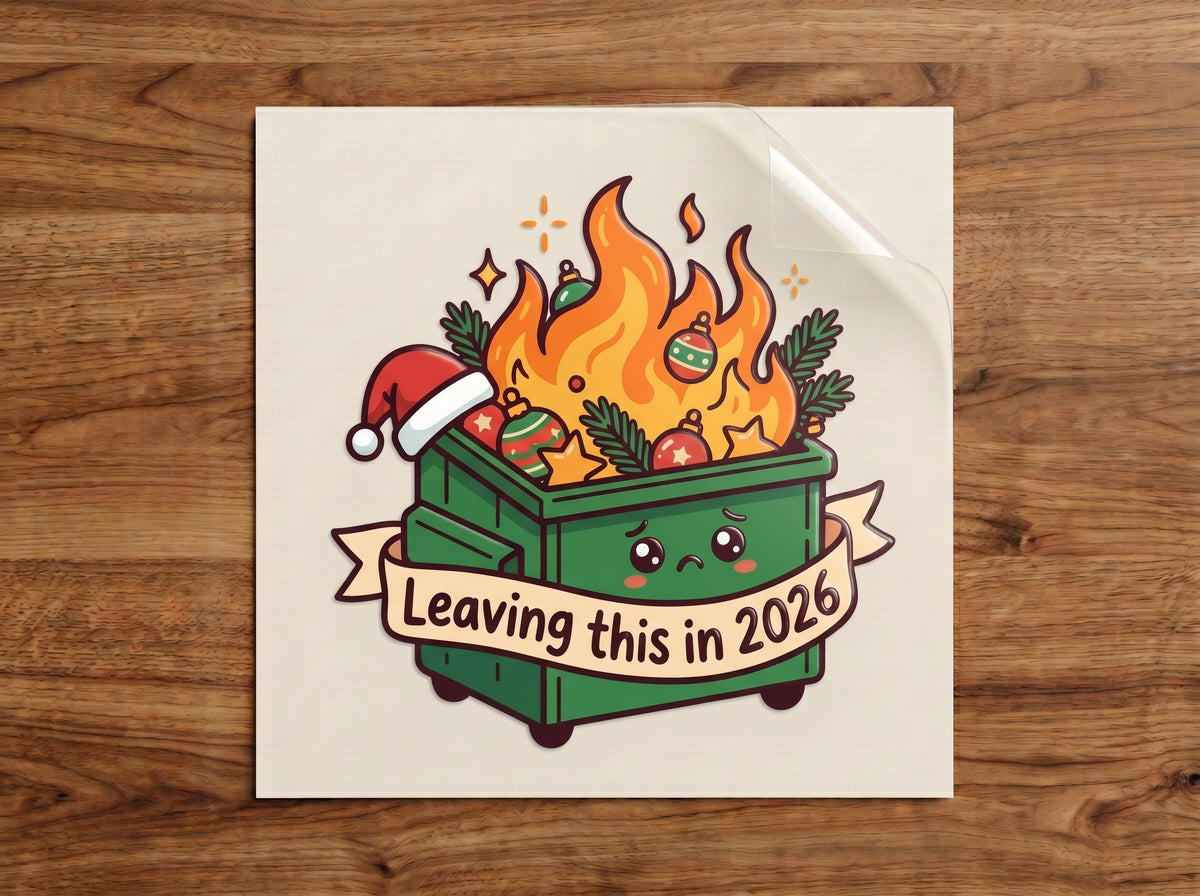 Leaving This in 2026 sticker – cute sad green dumpster on fire with Christmas ornaments and a Santa hat