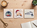 Camping sticker bundle – Out of Office & In the Woods, S'more Holiday Cheer and Mon to Friday stickers side by side on a wooden desk