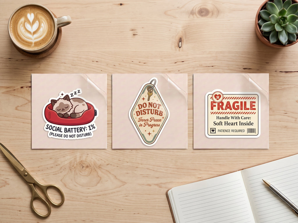 Protect Your Peace sticker bundle – Social Battery 1%, Do Not Disturb Inner Peace and Fragile Soft Heart Inside stickers side by side on a wooden desk