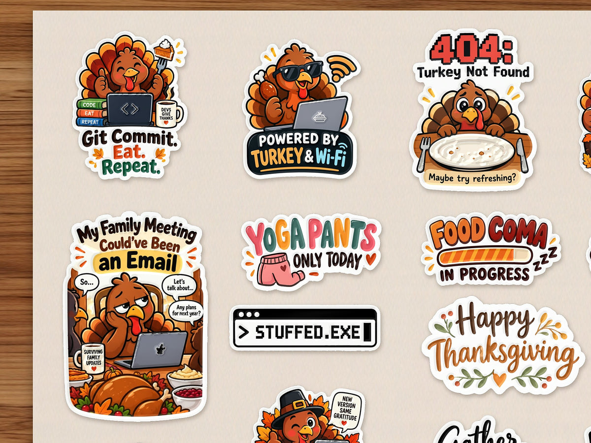Close-up of Thanksgiving raised UV stickers from the Full Sticker Pack