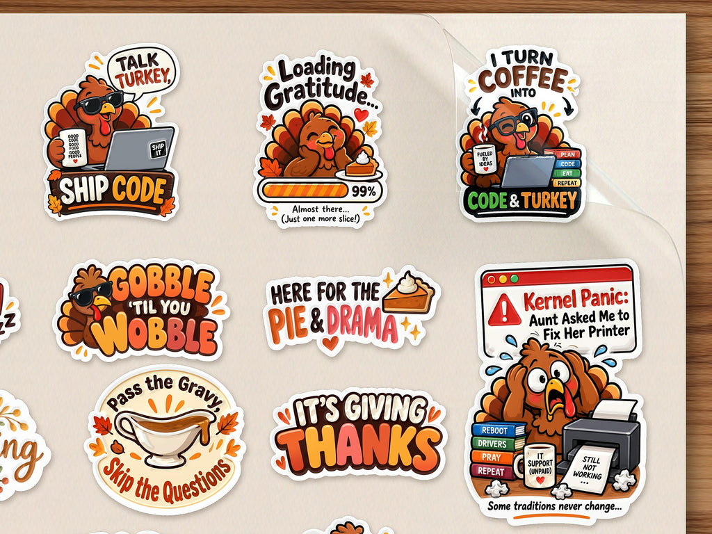Close-up of funny Thanksgiving turkey stickers with raised waterproof finish
