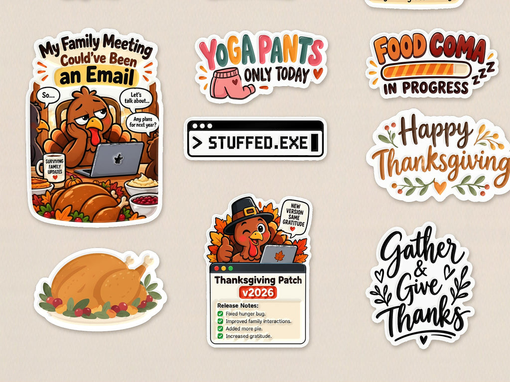 Close-up of Thanksgiving Dev and Classic stickers showing raised UV texture