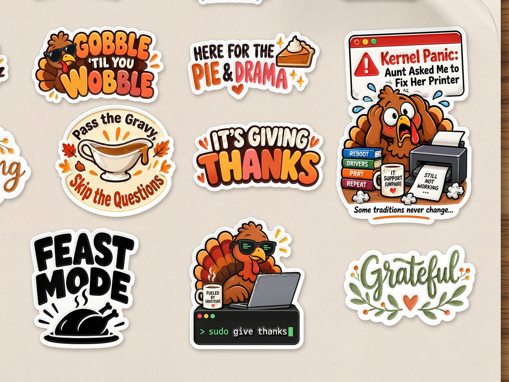 Close-up of Thanksgiving pie and turkey stickers from the Full Sticker Pack