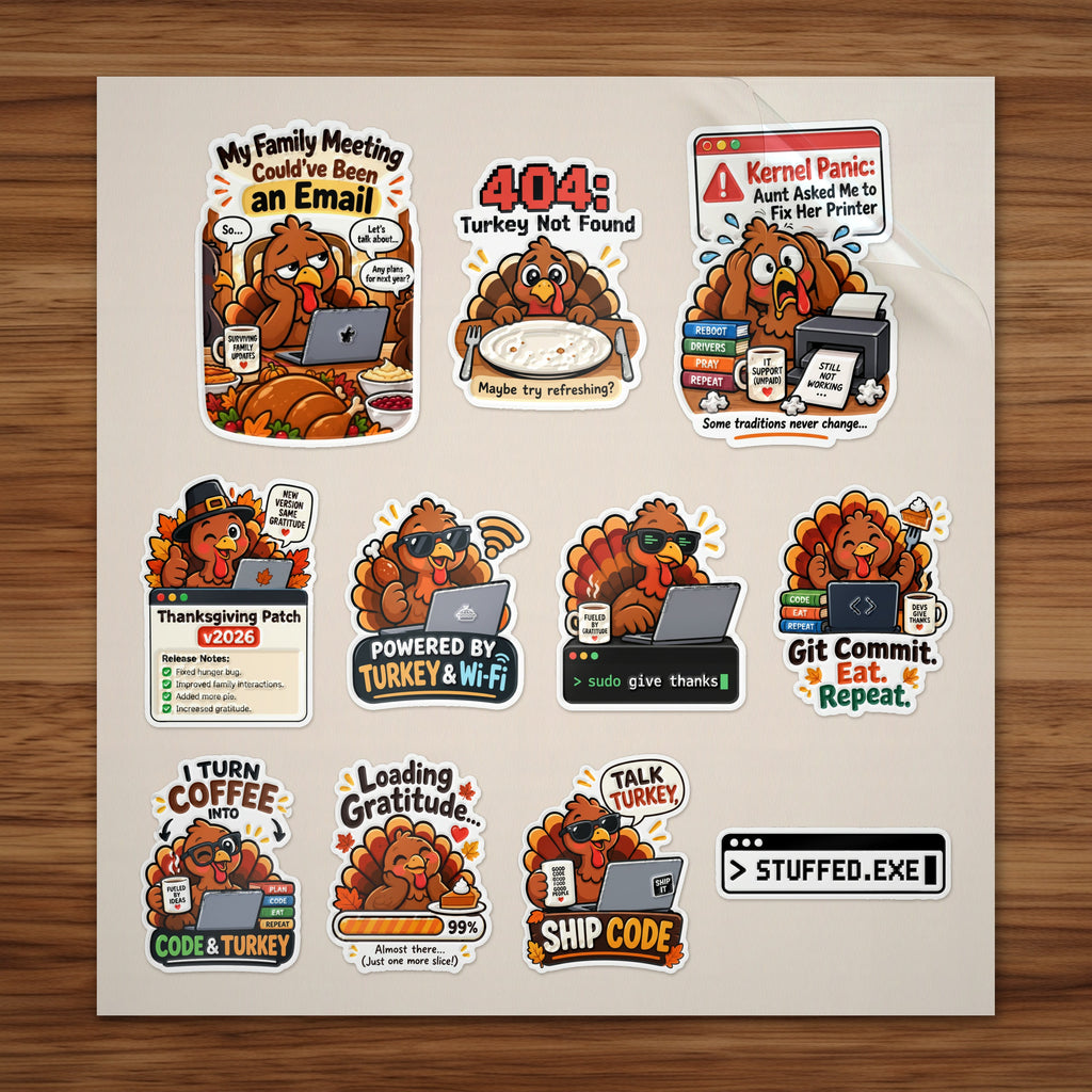 Thanksgiving Dev Sticker Pack: 11 funny turkey coder stickers including 404 Turkey Not Found, sudo give thanks and Git Commit Eat Repeat