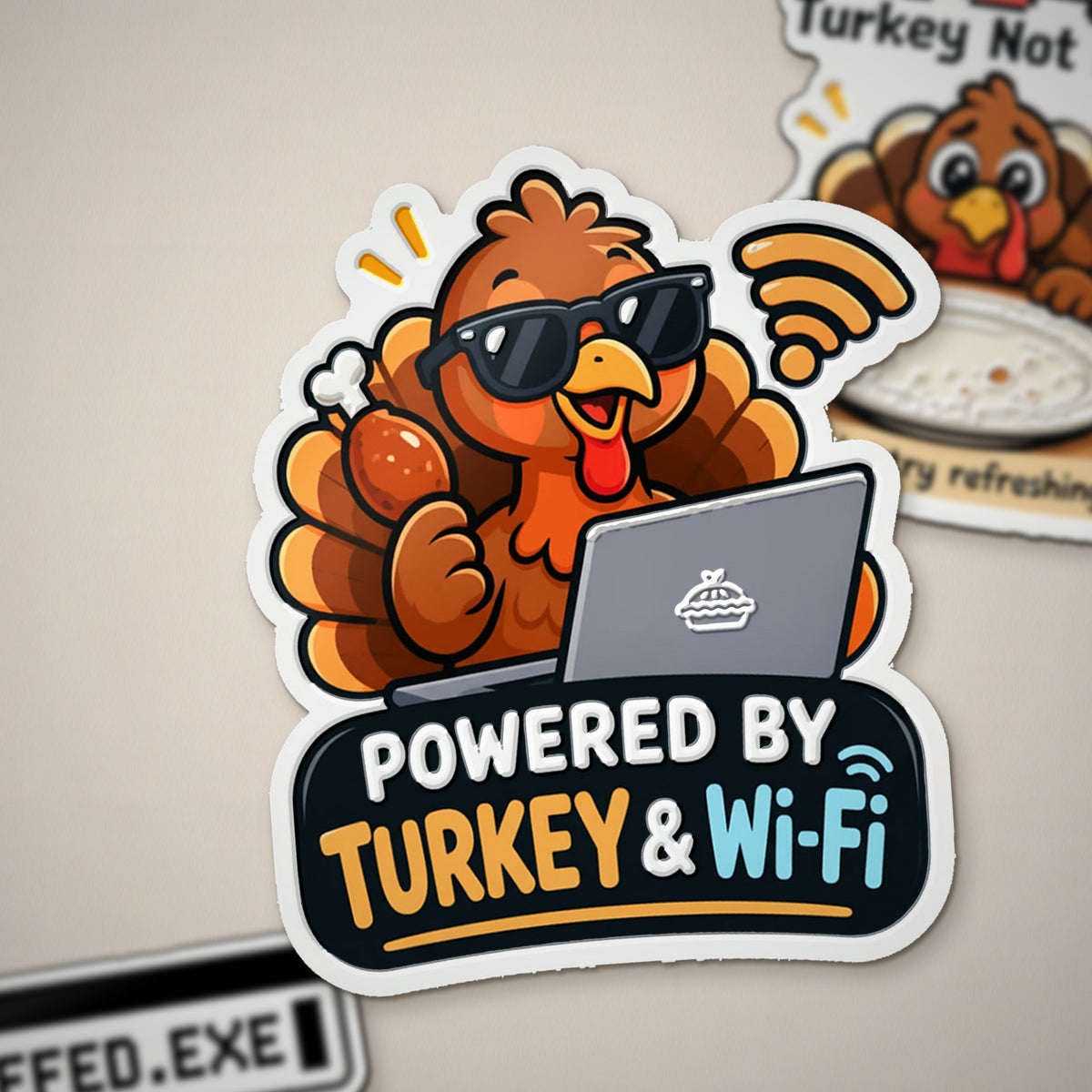Close-up of raised waterproof UV finish on a Thanksgiving Dev turkey sticker
