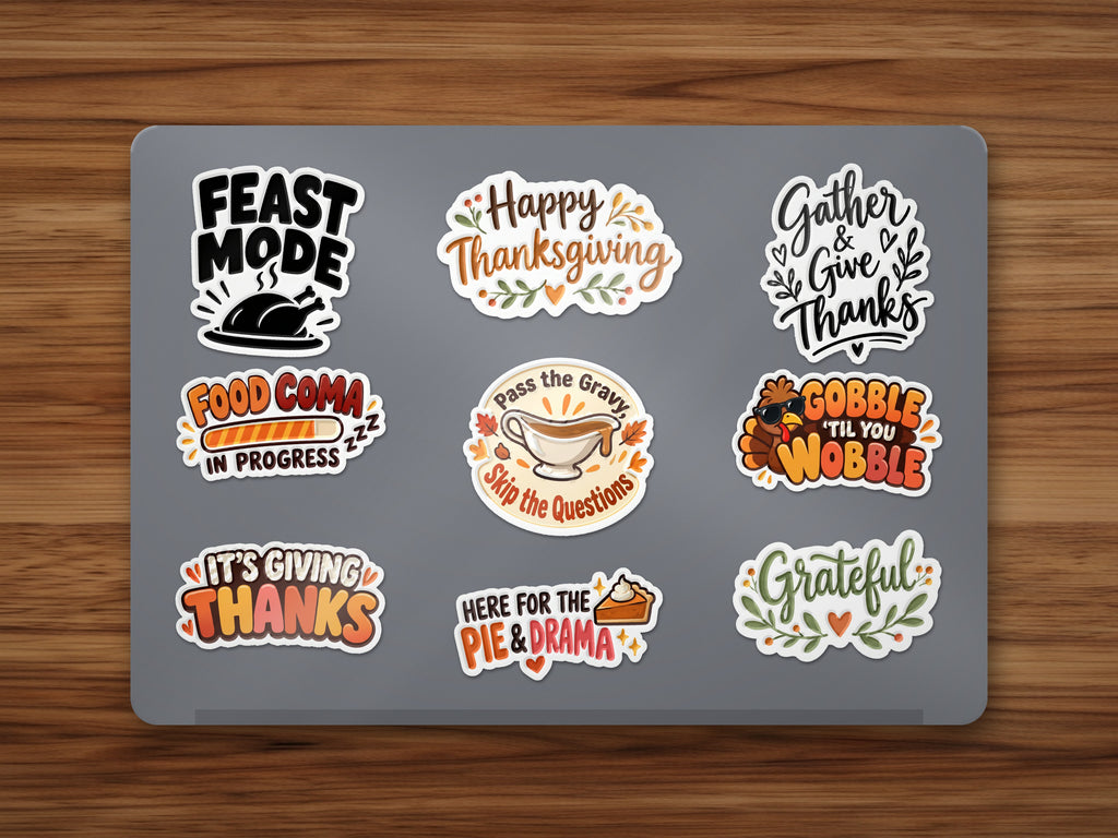 Laptop decorated with Thanksgiving Classic turkey and pie stickers