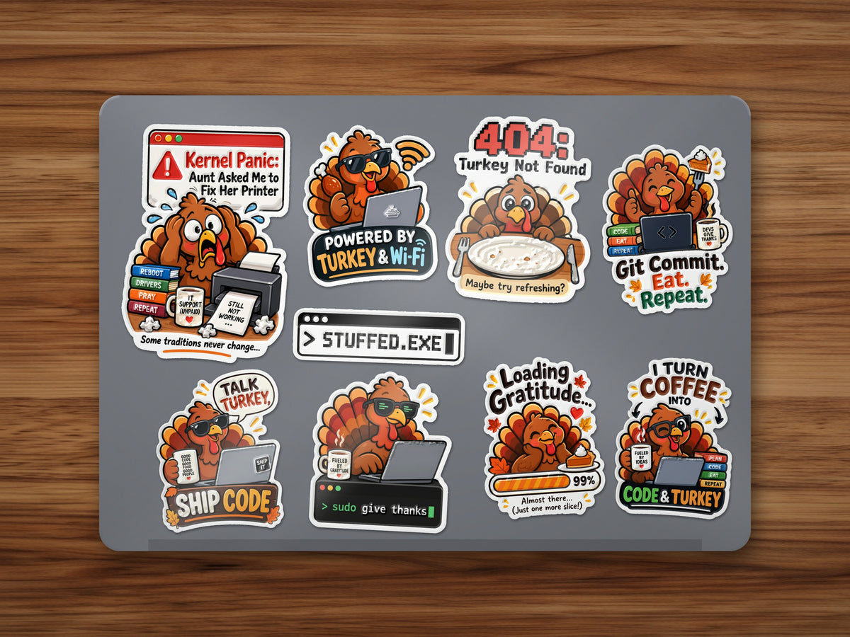 Laptop decorated with Thanksgiving Dev turkey coder stickers